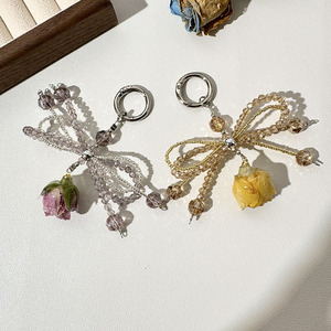 Wholesale Vintage Dried Rose Beaded Bow Synthetic Crystal Cute Style Phone Chain Keychain Fashion Jewelry Boho Aesthetic Pendant