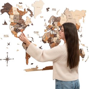 Grande carte du monde en bois 3D à suspendre avec épingles – Décoration murale de voyage – Idée cadeau de pendaison de crémaillère - Product Image 1