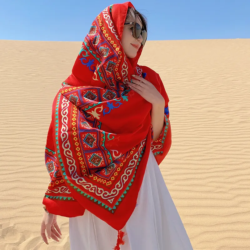 Роскошный шарф в национальном стиле с мягким узором, широкие хлопковые льняные шали с принтом, Стильный цветочный дизайн для женщин из шелкового материала