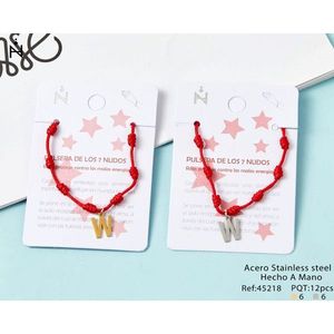 Braccialetto PULSERA W in acciaio inossidabile a sette nodi con lettera W e ciondolo con filo rosso, gioiello alla moda per donna, idea regalo. - Product Image 3