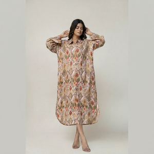 Robe chemise décontractée pour femme en ikat, 100% coton, longueur genou, manches longues, style bohème, coupe classique, printemps, été, automne, hiver - Product Image 3