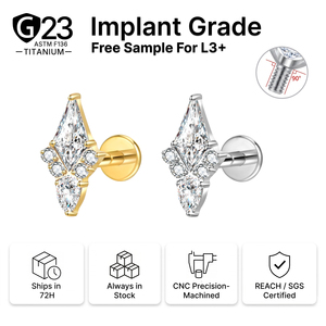 JIAXIN Labret en Titane ASTM F136 16G à Filetage Interne, avec <span class=keywords><strong>Grappe</strong></span> de Dards en Zircon Cubique (CZ) forme Ciseau et Poire 5A, pour Piercing Plat, Mariage, Bijou Corporel Tendance - Product Image 1