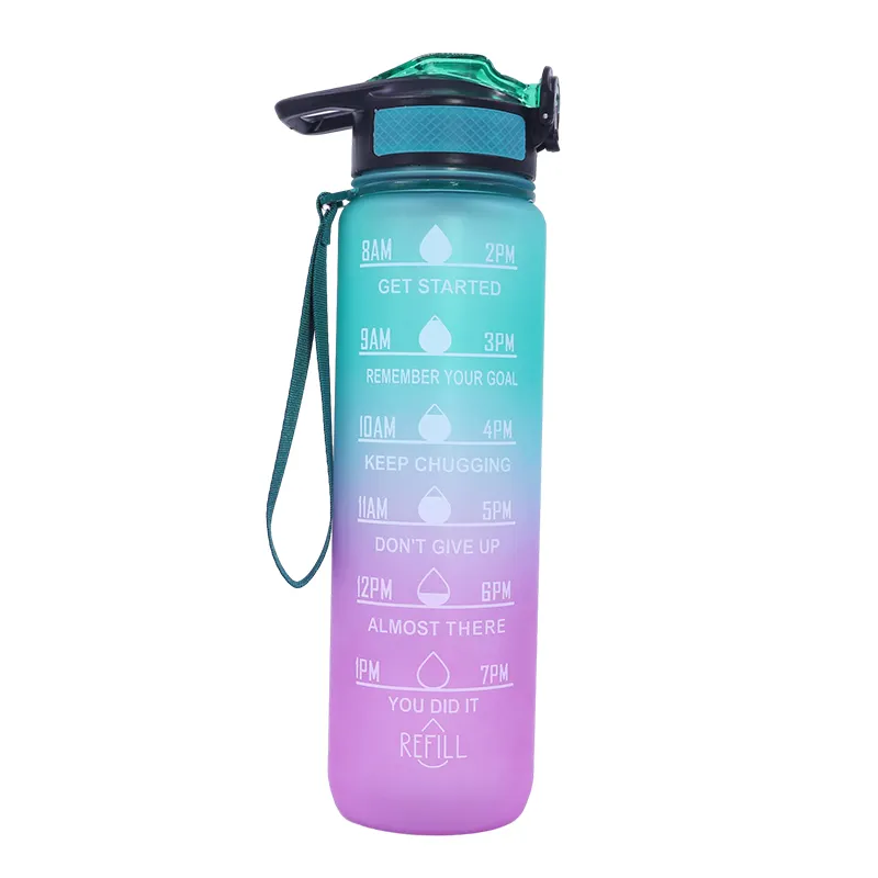 Garrafa de água motivacional 3 em 1 para exercícios de ginástica, novo estilo, plástico Tritan de grande capacidade, 1000ml, popular e colorido