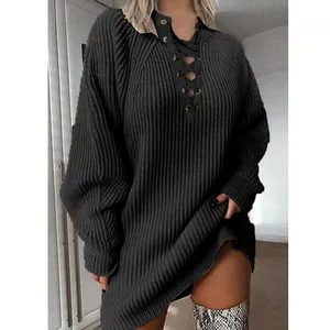 Herbst Winter Pullover Kleid einfarbig V-Ausschnitt Schnürung gestrickt Mini kleid lässig lose elegante dicke warme Pullover Kleider