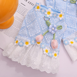 Weiwang Summer Dog Dress Blue <b>Mesh</b> Lace <b>Skirt</b> With Flowers For Small Dogs Bichon Frise Pomeranian - Product Image 2