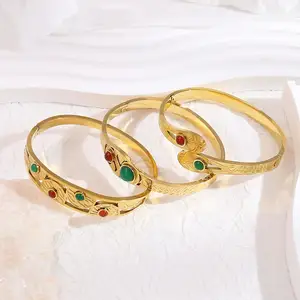 Europa y los Estados Unidos Retro rojo y verde piedra preciosa 18K chapado en oro Acero inoxidable joyería brazalete pulsera para regalo