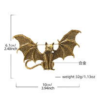 Broche de fiançailles vintage en alliage vieilli, plaquée or, avec cristal, motif aile de chauve-souris et chat, style gothique, animal personnalisé, au design sombre et épuré