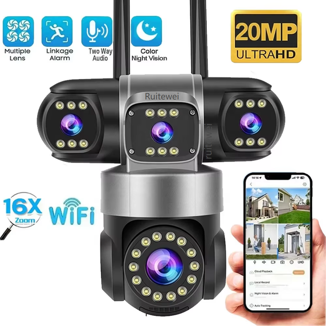 16X ZOOM WiFi Camera 20MP CCD Four Lens Outdoor 360 View IP66 Waterproof Night Vision Two-Way Audio Pan-Tilt Motion Detection