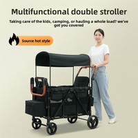 Poussette métallique quatre places avec fonction couchage plat pour s'asseoir et s'allonger, idéale pour les sorties familiales en camping