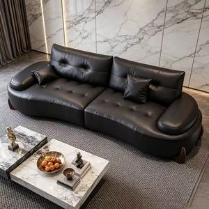 Premium Black Tufted Leather Curved <b>Sofa</b> With Walnut Wood Base For Living Room - Product Image 3