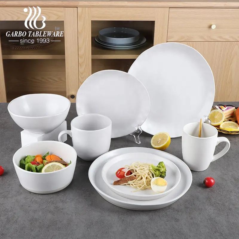 Assiette de table plate en céramique blanche, vente en gros d'usine, design personnalisé de paille de blé, vaisselle de table en céramique blanche, vente en gros, 16 pièces