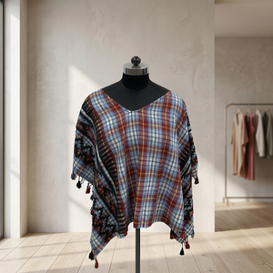 V-Neck Plaid Boho <b>Poncho</b> With Tassels Asymmetrical Hem Loose Woven Dress For Daily Wear All Seasons - Product Image 3
