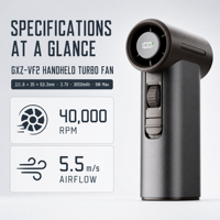 Ventilateur portable haute vitesse GXZ VF2 40000RPM 5.5m/s, dispositif de refroidissement portable avec affichage LED de la batterie pour les sports d'été en extérieur