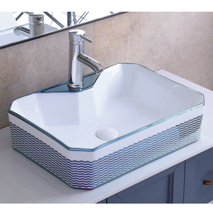 Elegante Lavabo Quadrato in Ceramica Blu con Taglio a Onda e Foro Singolo per Rubinetteria, Ideale per il Restyling del Bagno di Case Moderne in Stile Costiero - Product Image 1