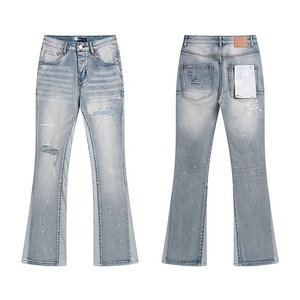 Jeans <span class=keywords><strong>Homme</strong></span> Délavé Bleu Clair Effet Usé avec Logo ODM/OEM, Coupe <span class=keywords><strong>Skinny</strong></span>, Boutons, Strass, et Effet Évasé Vintage SunFaded - Product Image 3