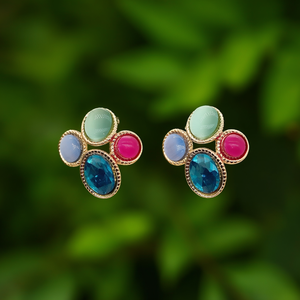 Fashion <b>Stud</b> <b>Earrings</b> 316L Stainless Steel PVD Gold Plating Multicolor Gemstone Cluster Design - Product Image 3