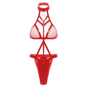 Body en cuir effet mouillé pour femme, sexy, coupe haute, col licou, style clubwear, avec empiècements en maille et découpes, lingerie - Product Image 2