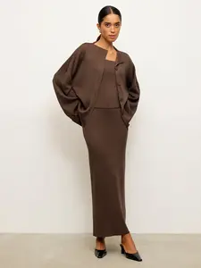 Ensemble Pull Blubelle 2025 Élégant <span class=keywords><strong>Femme</strong></span> <span class=keywords><strong>Chic</strong></span> d'Été Tricoté Uni, Cardigan Décontracté à Manches Longues, Caraco et Jupe Longueur Cheville - Product Image 2