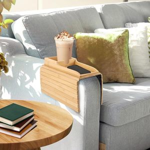 Bandeja de bambú para portavasos de sofá, mesa de brazo de sofá plegable y mesa auxiliar para sala de estar, accesorios de sofá, bandeja de consola de sofá - Product Image 5