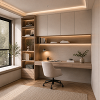 Armoires de bureau avec panneaux en chêne clair, rangements blanc chaud et bureau intégré avec étagères