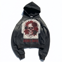 Patch personnalisé Design graphique Rivet Hoodies lavé à l'acide poids lourd coton éponge français fermeture éclair soleil délavé recadrée strass Hoodie