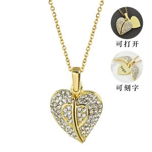 Collar con colgante de corazón que se puede abrir con alas, cadena de eslabones chapada en oro con cristales de circonio, estilo budista - Product Image 6