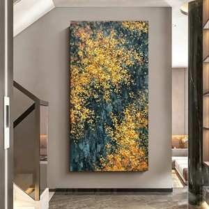 Peinture à l'huile peinte à la main, feuilles dorées, art abstrait brillant, effet visuel 3D moderne, décoration de hall d'entrée, sans cadre - Product Image 1