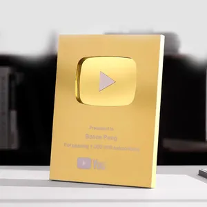 Custom Aluminum Engraved Printed Trophy Flat Gold Silver Plated Youtube Shield Play Button Award Plaque For Honor Business Gift
