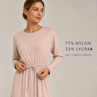 Robe décontractée minimaliste pour femme, douce, respirante, extensible, à manches longues, avec cordon de serrage au col et détail de ceinture à nouer à la taille, collection automne 2026
