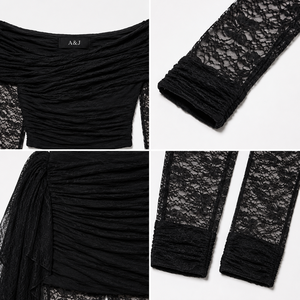 A&J 200G Women Off Shoulder Ruched Crop Top Sheer Floral Lace Flare Pants Skirt Overlay Two Piece Set GRS Custom Made ODM - Product Image 2