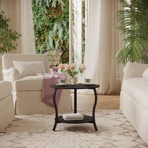 Petite <span class=keywords><strong>table</strong></span> basse à 2 niveaux avec rangement ouvert, design circulaire de <span class=keywords><strong>23</strong></span> pouces, pour salon, chambre, appartement, plateau en bois noir - Product Image 2