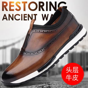 Men Genuine Leather Loafers <b>Round</b> Toe Slip-On <b>Cushioned</b> Office Career All Seasons Solid Pattern Rubber Outsole Dress Shoes - Product Image 2