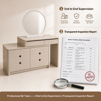 Table de toilette avec miroir et tiroirs, laque brillante beige champagne, miroir à perles de cristal, 8 tiroirs