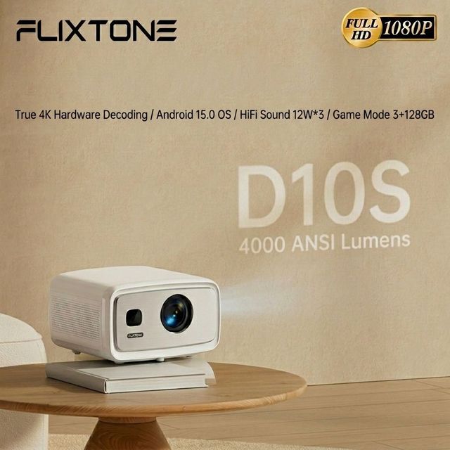 Flixtone D10S High Brightness FHD 1080P Support 4K V660 Chip 8Core Decoding Android 15 3+128G Game Projector Home Theater Beamer
