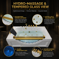 Baignoire de massage Whirlpool autoportante en acrylique avec panneau frontal en verre, robinet doré, douchette à main, pour salle de bain intérieure et hôtel