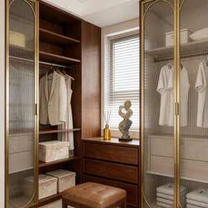 BALOM Armoire ouverte moderne de luxe avec porte en verre, cadre en métal <span class=keywords><strong>noir</strong></span>, armoire en bois beige, design de <span class=keywords><strong>dressing</strong></span> <span class=keywords><strong>ouvert</strong></span> - Product Image 5