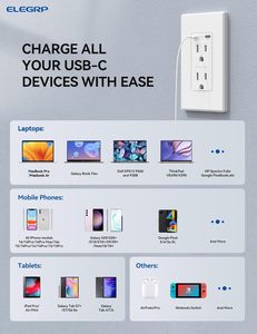 ELEGRP Enchufe USB C de Ultra Velocidad de 65 W, Enchufe de Pared de 15 Amperios con Puertos USB C, Enchufe USB Resistente a Manipulaciones para Computadora Portátil - Product Image 2