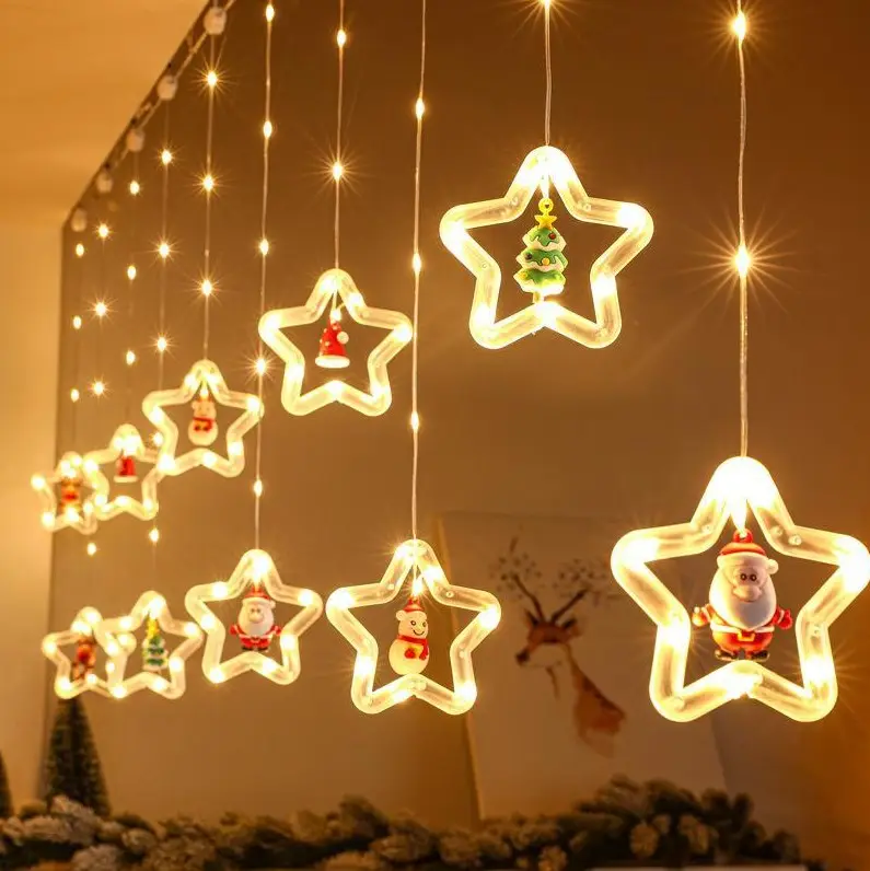 Tree Decorating Lights New Fashion Hanging Christmas Decorative Light 10 Stars LED Curtain Light With Christmas Tree Snowmans Sant Claus
