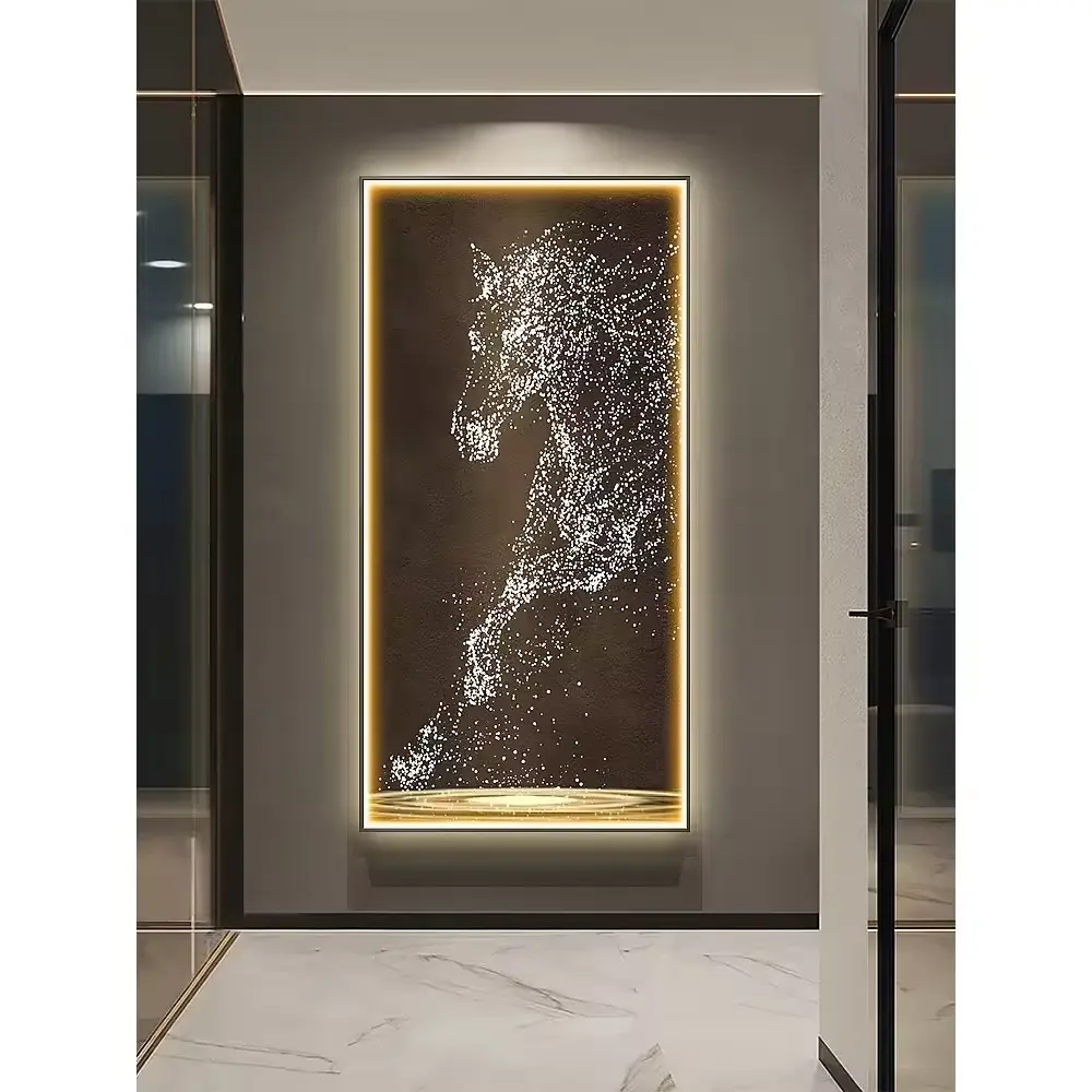 Custom Modern Luxury LED Large Wall Horse Painting Crystal Porcelain Light Painting Prints Wall Art LED Art Decoration Painting