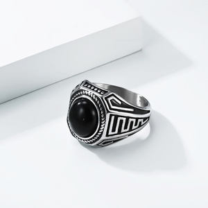 Retro Black Gemstone <b>Titanium</b> Steel <b>Ring</b> For Men Geometric Design Index Finger Jewelry Gift Occasion Stainless Steel - Product Image 2