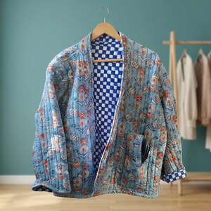 Best Selling Autumn/Winter Breathable Handblock Printed Cotton <b>Quilted</b> Handmade Floral Silk Lining <b>Jacket</b> with Worldwide Supply - Product Image 2