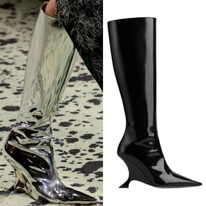 Silver Patent Women Knee High Boots Thin Heel Strange Wedges Shoes Pointed Toe on Women's Stage <b>Long</b> Booties - Product Image 6