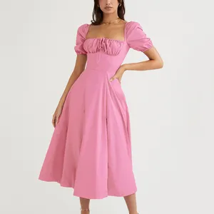 Custom Wholesale Party Elegant Puff Short Sleeve High Slit Pink Apparel Women Summer Casual Beach Dresses