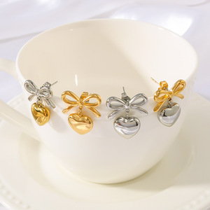 202618K Gold Plated Stainless Steel Bow Shaped Trendy Earrings <b>Light</b> Luxury Heart Pendant for Women's Party Occasions - Product Image 4