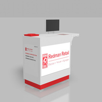Mostrador de Caja Moderno Blanco con Base Roja, Soporte para Monitor, Kiosco de Pago para Tiendas Minoristas