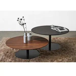 Yeni tasarım 2 Tier ahşap oturma odası mobilya demir tel yan sehpa Modern siyah yuvarlak ahşap sehpa