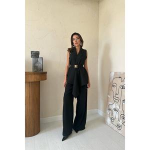 Elegant <b>Black</b> <b>Satin</b> <b>Women's</b> Suit Set With Belted Waist And Wide Leg <b>Trousers</b> - Product Image 4