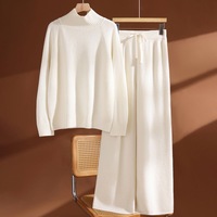 Ensemble pull en pure laine à col haut épais pour femme, automne-hiver, avec pantalon large à tricot plat, pantalon long décontracté, ensemble deux pièces