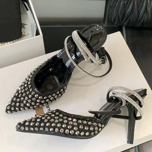 Women Mesh Upper Pointed Toe Sandals Bling Diamonds <b>Fishnet</b> Shoes High Heels Shiny Cross Ankle Strap Pumps for Ladies - Product Image 6