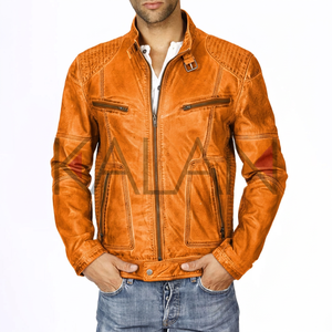 Chaqueta Blusón de Piel de Oveja Lavada Marrón para Hombre KLJM1, Cuello Alto, Cuatro Bolsillos Delanteros de Lona, Chaqueta Moderna y a la Moda - Product Image 4